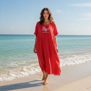 Vintage Bright Red Linen/Rayon Embroidered T-Shirt Shift Dress 26W Long USA